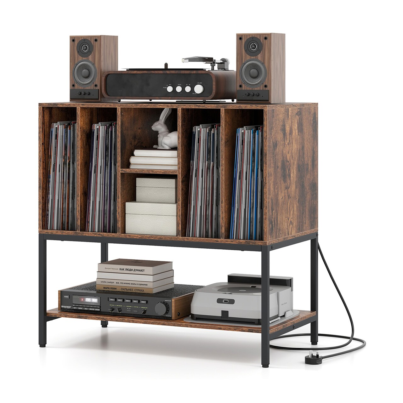 Record Player Stand with Charging Station Vinyl Storage Cabinet with 6 Compartments Metal Frame Turntable Table